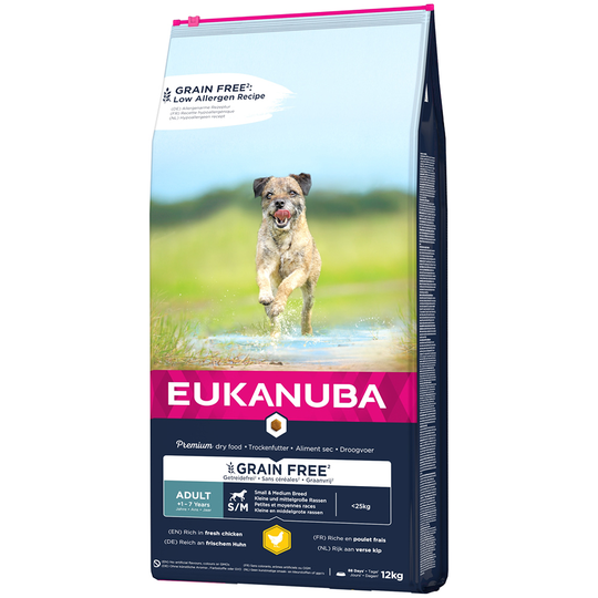 Eukanuba Grain Free Adult Small / Medium Breed kana - Säästöpakkaus: 2 x 12 kg