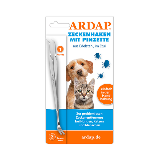 Ardap-punkkikoukku ja pinsetit - ruostumatonta terästä