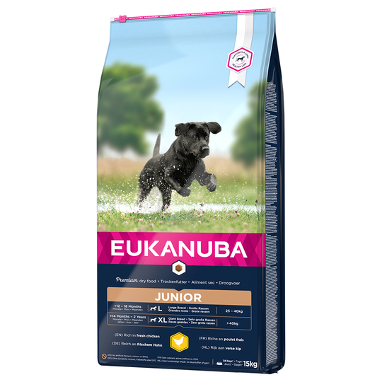 3x zooPisteitä 3 kg / 15 kg Eukanuba-koiranruokaa - Junior Large Breed Chicken (15 kg)
