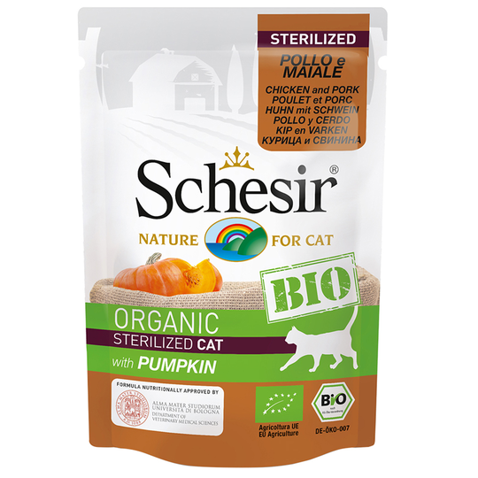 Schesir Organic Pouch 6 x 85 g - Sterilized luomukana, luomusika ja luomukurpitsa
