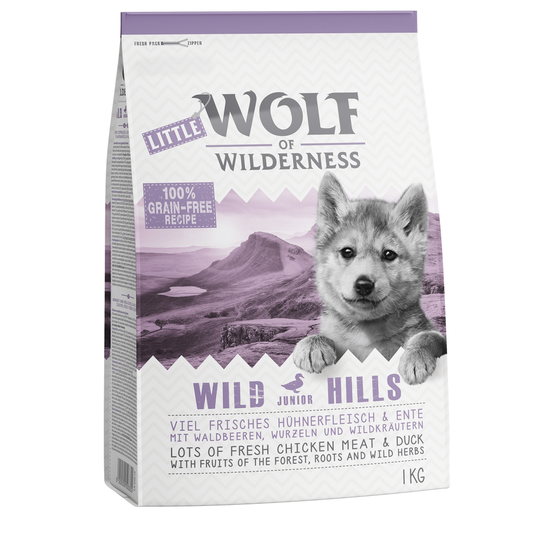Kokeiluhintaan: 1 kg viljatonta Wolf of Wilderness -koiranruokaa - JUNIOR Wild Hills - ankka