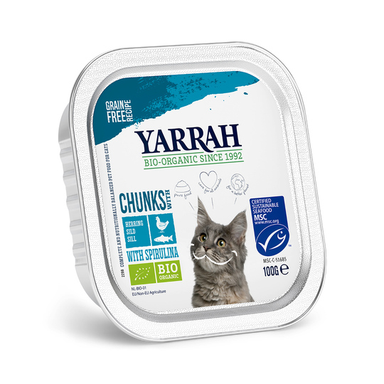 Yarrah Organic 6 x 100 g: 5 + 1 kaupan päälle! - Chicken Chunks: kala & luomuspirulina