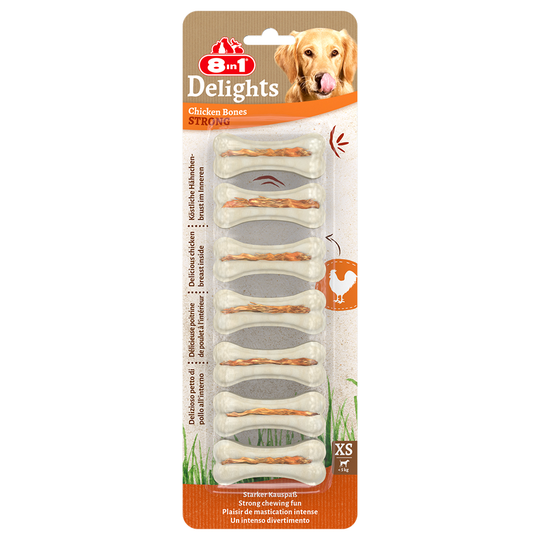 2 + 1 kaupan päälle! 3 x 8in1 Delights -koiranherkut - Strong-puruluut kana: XS, 3 x 140 g (21 kpl)