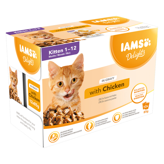 36 + 12 kaupan päälle! 48 x 85 g IAMS-kissanruokaa - Delights Kitten: in Sauce, kana
