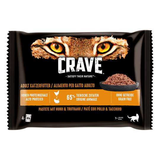4 x 85 g Crave Adult -kissanruokaa erikoishintaan! - kana- & kalkkunapatee