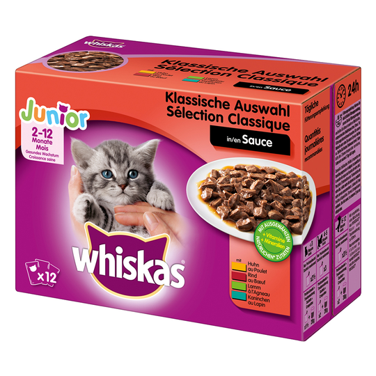 10 + 2 kaupan päälle! 12 x 100 g Whiskas pouches - Junior lihavalikoima kastikkeessa