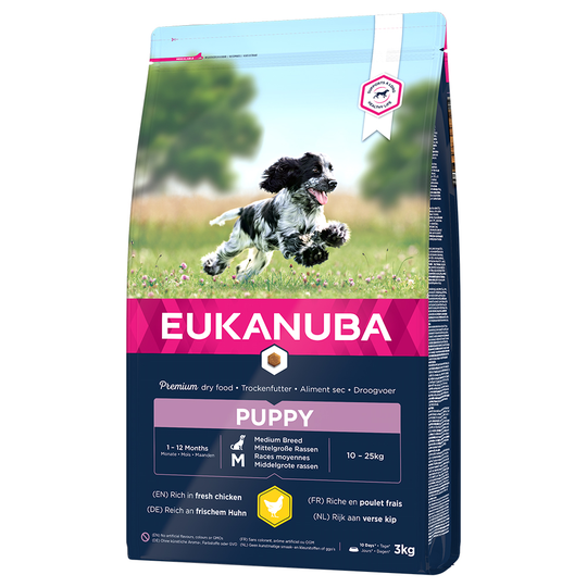 3x zooPisteitä 3 kg / 15 kg Eukanuba-koiranruokaa - Puppy Medium Breed Chicken (3 kg)