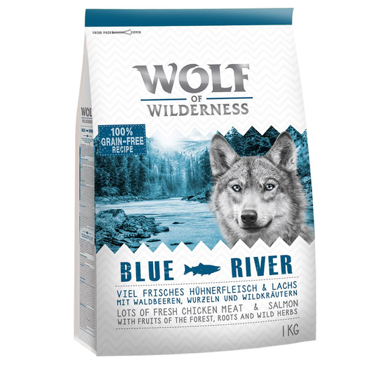 Kokeiluhintaan: 1 kg viljatonta Wolf of Wilderness -koiranruokaa - Blue River - lohi