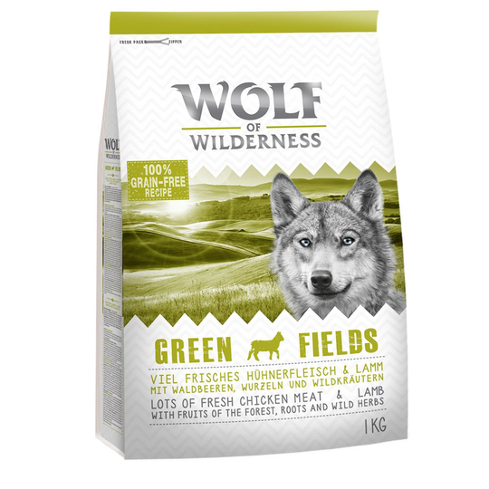 Kokeiluhintaan: 1 kg viljatonta Wolf of Wilderness -koiranruokaa - Green Fields - lammas