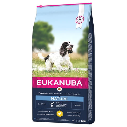 3x zooPisteitä 3 kg / 15 kg Eukanuba-koiranruokaa - Mature Medium Breed Chicken (15 kg)